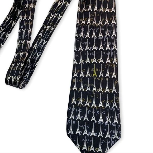 Robin Ruth Black Silky Paris Eiffel Tower Theme Men's Tie One Size Silver Gold - Picture 2 of 4
